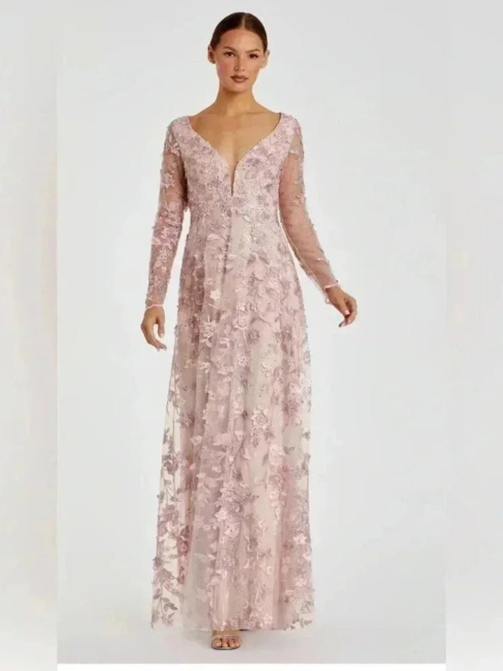 MAC DUGGAL Light Pink Floral Applique Long Sleeve Illusion Gown Style 70224 NWT